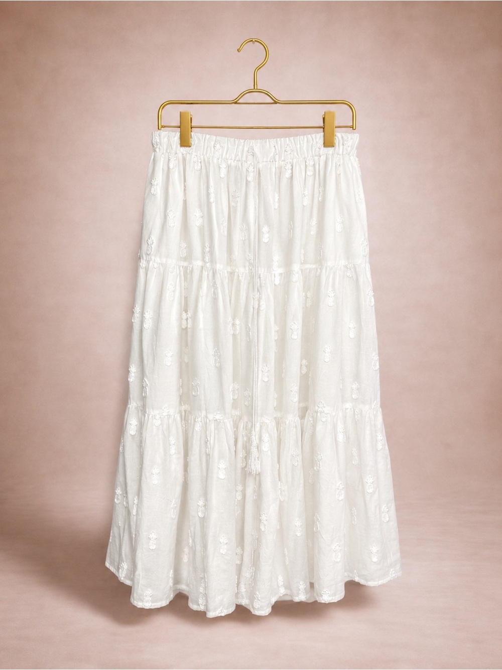 FARM Rio White Tiered Maxi Skirt with Eyelet Pineapple Embroidery